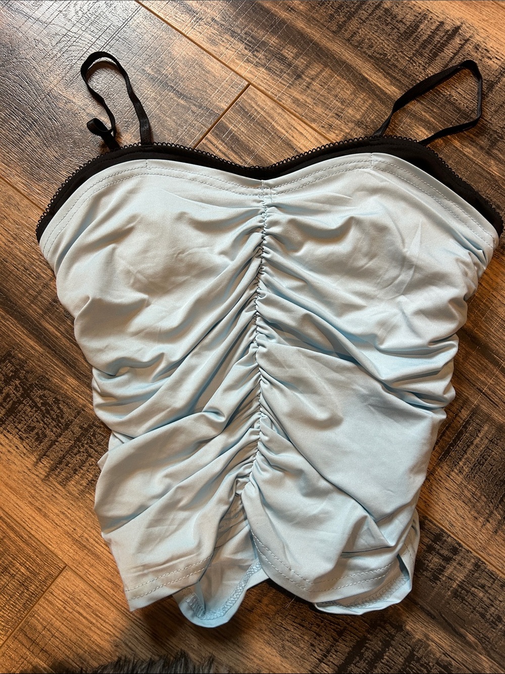 Ruched Light Blue Tank Top with Black Trim